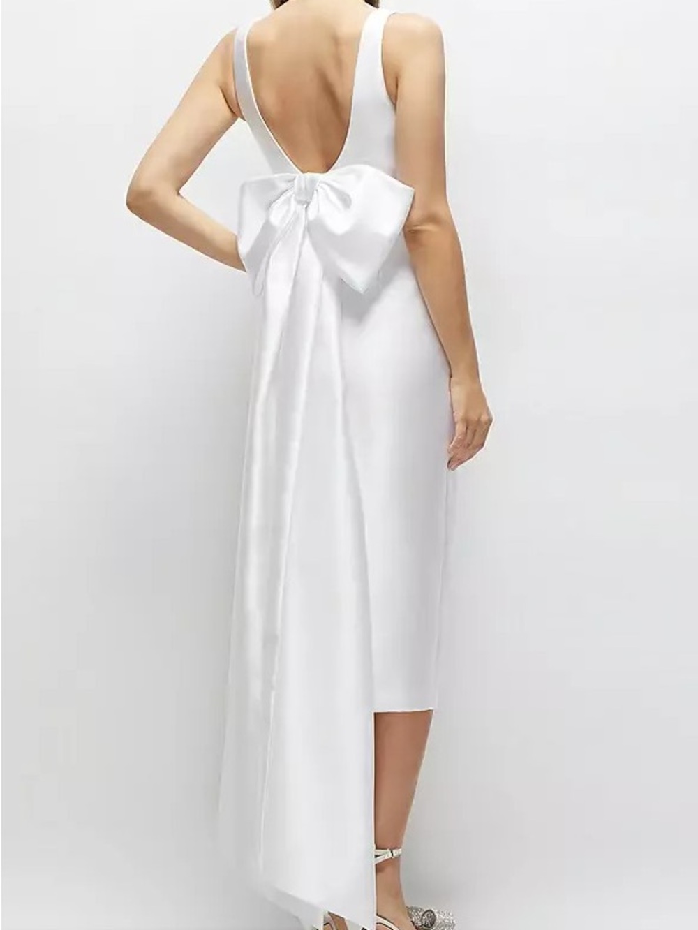 Alfred Sung D864 White Satin Scoop Neck Corset Bow Back Midi Dress Size 10 Bride